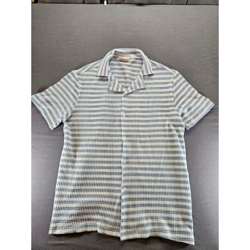 Herberton Mens XL Blue White Striped Waffle Knit Camp Collar Button Down Shirt